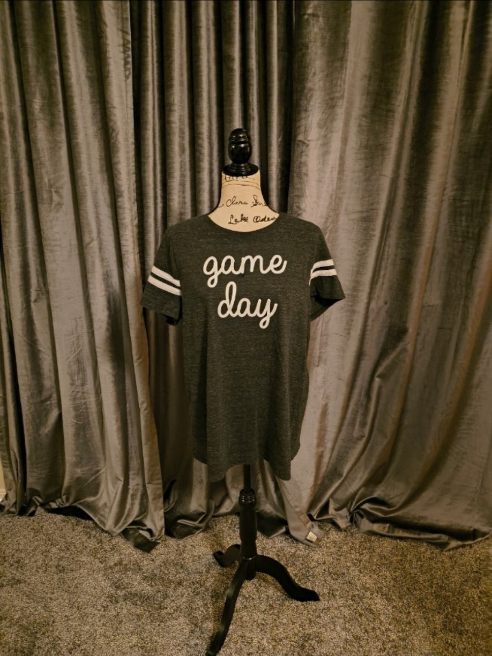 Lane Bryant Dark Gray 'Game Day' Tee with White Sleeve Stripes